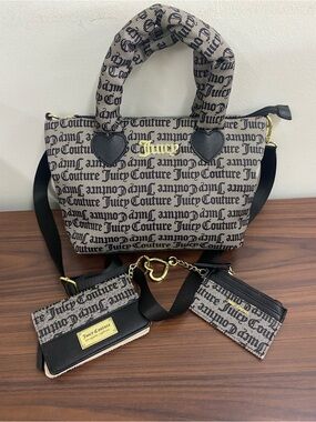 Juicy Couture Black Gothic Monogram 3pc Satchel Wallet Cardholder Set